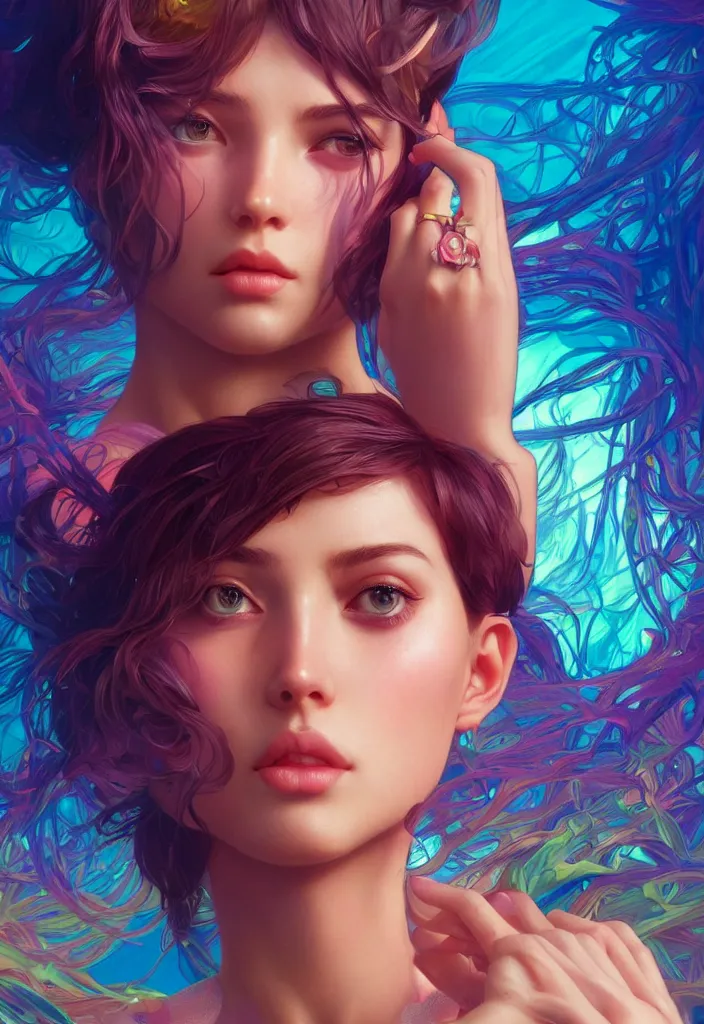 Image similar to beautiful, young woman, detailed gorgeous face, vaporwave aesthetic, synthwave, colorful, psychedelic, artstation, concept art, smooth, extremely sharp detail, finely tuned detail, ultra high definition, 8 k, unreal engine 5, ultra sharp focus, illustration, art by artgerm, greg rutkowski and alphonse mucha