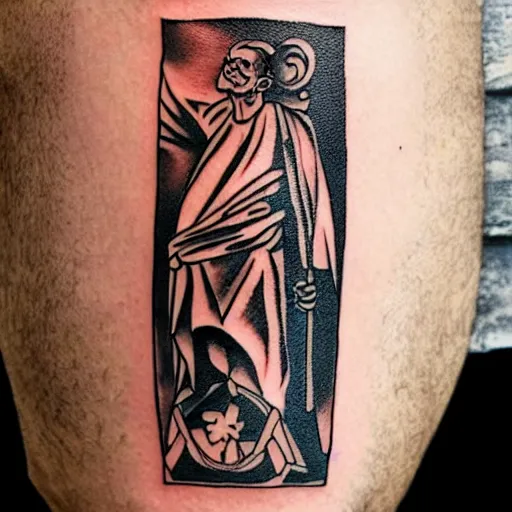 Image similar to tattoo design, stencil, a tarot card, an old man resting on a sword, tarot