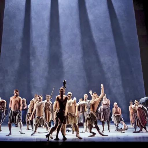 Image similar to award winning Production photo of David and Goliath on broadway, dancing, singing, costumes by Julie Taymor, set design by Julie Taymor