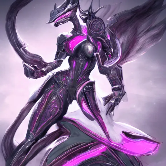 Image similar to highly detailed exquisite fanart, of a beautiful female warframe, but as an anthropomorphic robot dragon, sitting regally on a soft green sofa, with robot dragon head, shining reflective off-white plated armor, bright Fuchsia skin, full body shot, epic cinematic shot, realistic, professional digital art, high end digital art, DeviantArt, artstation, Furaffinity, 8k HD render, epic lighting, depth of field