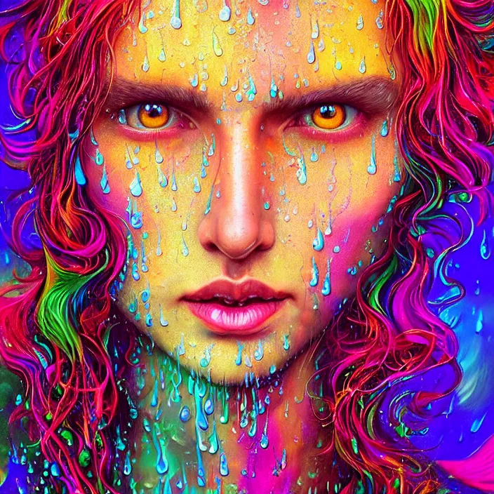 Image similar to bright psychedelic portrait with rain on face and wet hair, wings, smiling, diffuse lighting, fantasy, intricate, elegant, highly detailed, lifelike, photorealistic, digital painting, artstation, illustration, concept art, smooth, sharp focus, art by John Collier and Albert Aublet and Krenz Cushart and Artem Demura and Alphonse Mucha