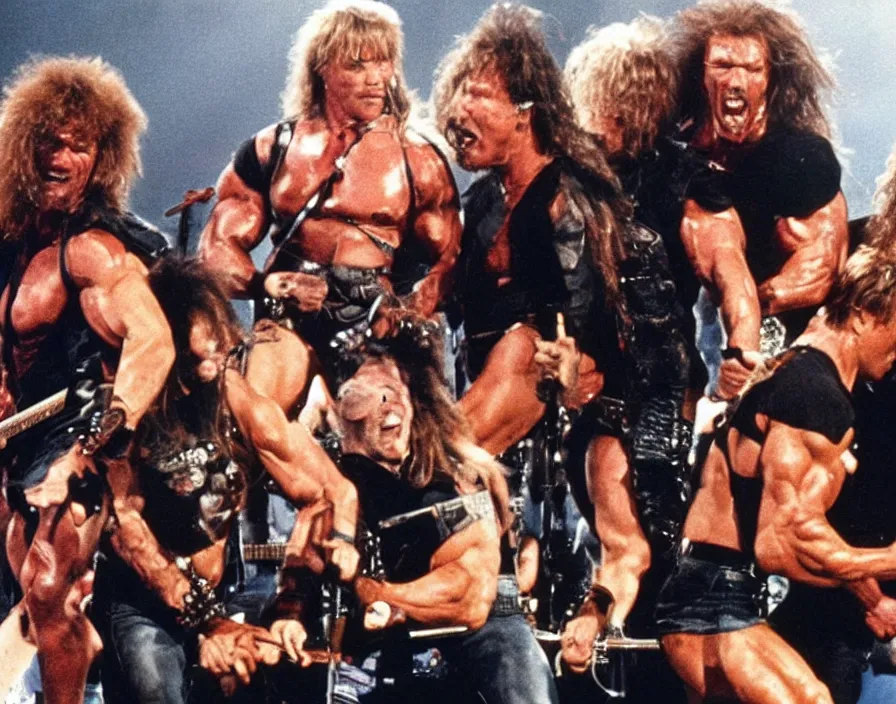 Image similar to colour photo off arnold schwarzenegger, sylvester stallone, dolph lundgren, Chuck Norris and Jean-Claude Van Damme in a heavy metal band, playing guitars, drums, on stage at monsters of rock 1985