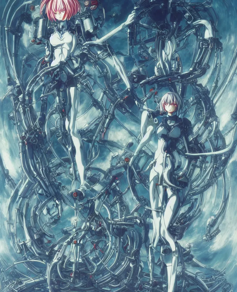 Image similar to female anime character rei ayanami cyborg in the center giygas epcotinside a space station eye of providence beksinski finnian vivid hr giger to eye hellscape mind character environmental