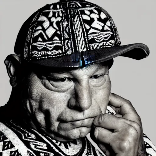 Prompt: A hyperrealist photograph of a Toad wearing a Native American man's traditional clothing. a glass of scotch whiskey is nearby. He is wearing an all black cap. full body, highly detailed, sharp focus, HQ.