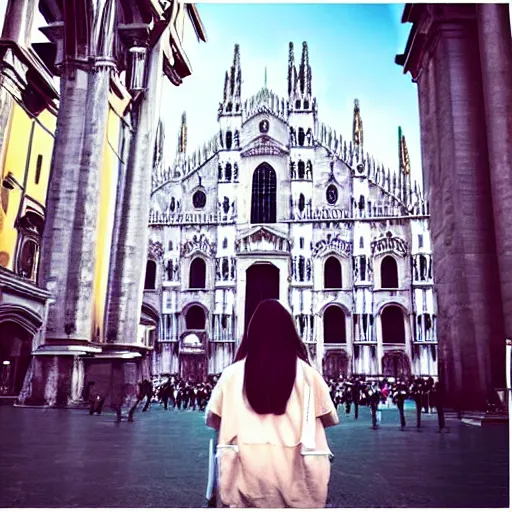 Prompt: “anime girl in front of the duomo cathedral in Milano, pixiv anime”