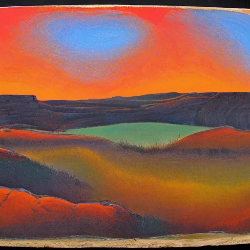 Image similar to beautiful landscapes in the style of Albert Namatjira (1902–1959), Australian aboriginal painter
