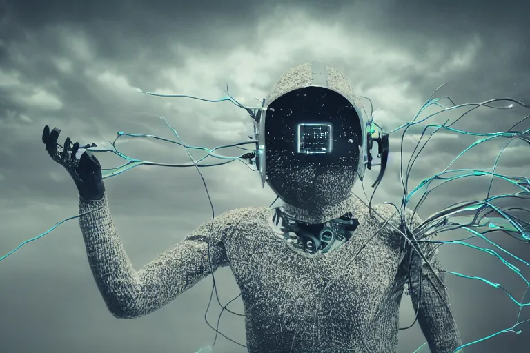 Prompt: human covered in electronic wires futuristic devices, partly steel armor, dust particles, covered in dust, grind, rocks, dark clouds, rainy