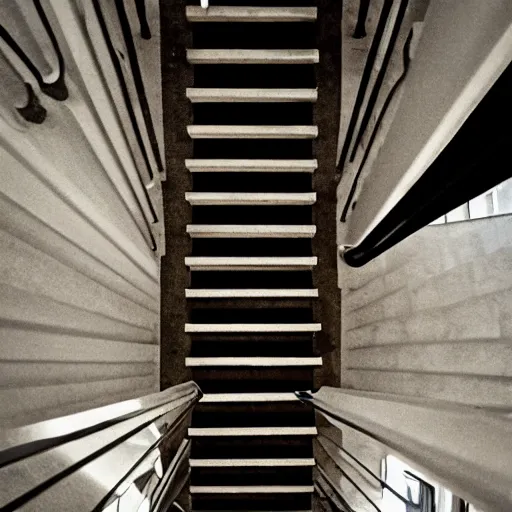 Prompt: looking down upon a man who walks down a staircase, perspective, by sergey belik