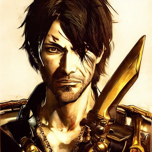 Image similar to portrait of a hero holding his sword in front of his face by yoji shinkawa, high quality, extra details, realism, ornate, colored, golden chain, blood, white skin, short hair, brown eyes, vivid, sunlight, dynamic, american man, freedom