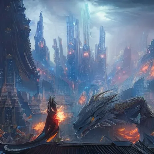 Image similar to dragon, d & d, fantasy, breathing fire over futuristic city, digital painting, unreal engine 5, photorealism, hd quality, 8 k resolution, cinema 4 d, 3 d, cinematic, professional photography, art by artgerm and greg rutkowski and alphonse mucha and loish and wlop