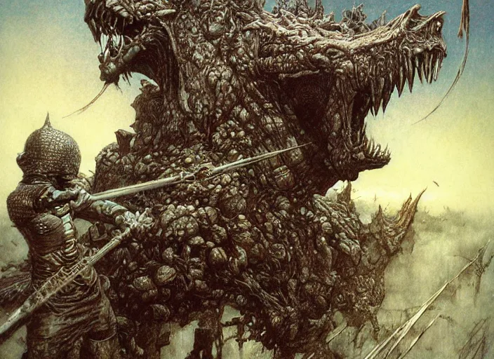 Prompt: girl knight fighting monsters by Beksinski and Luis Royo