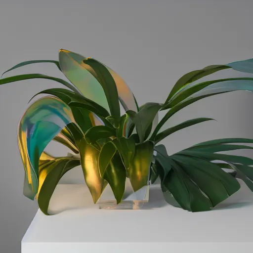 Image similar to an ultra high definition professional studio quality photograph of a transparent iridescent perspex pastel coloured jungle plant on a plinth in an empty white room. dramatic lighting, ray tracing, refraction, shallow d. o. f, colour corrected, golden ratio, three point light. volumetric shadows. god rays.