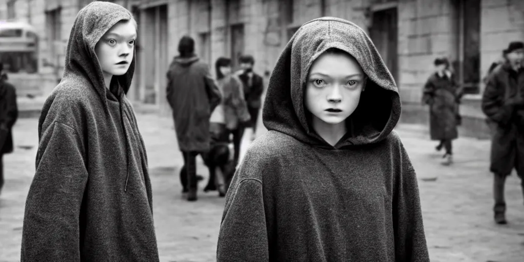 Prompt: sadie sink in hoodie offers closed umbrella to pedestrian in ruined square, pedestrians ignore her : grainy b & w 1 6 mm film, 2 5 mm lens, single long shot from schindler's list by steven spielberg. cyberpunk, steampunk. cinematic atmosphere and composition, detailed face, perfect anatomy