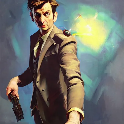Image similar to greg manchess portrait painting of fully armored david tennant the 1 0 th doctor as overwatch character, medium shot, asymmetrical, profile picture, organic painting, sunny day, matte painting, bold shapes, hard edges, street art, trending on artstation, by huang guangjian and gil elvgren and sachin teng
