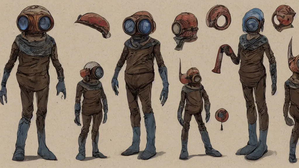 Image similar to aged paper, concept art, colorful character sheet for a male extraterrestrial warlord wearing victorian diving helmet, retrofuture, fantastic planet, moebius, valerian, coherent, illustration, digital art, trending on artstation, hd, 8 k, good lighting, beautiful, rough paper, masterpiece