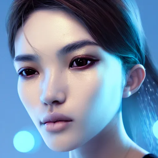 Prompt: intricate highly detailed face portrait of asian - european woman, light blue chrome vines on her face, intricate, cgsociety, unreal engine, octane render, sharp focus, smooth, volumetric lighting, cinematic composition, artstation