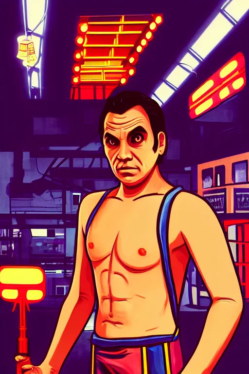 Image similar to boy with singlet and towel on shoulder. grand theft auto chinatown art style, bioshock art style pop art, no duplicate image, glowing lights, ultra details, digital painting, artstation, concept art, smooth, sharp focus, illustration, intecrate details, art by richard hamilton and mimmo rottela, pixels art by paul robertson