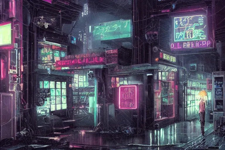 Prompt: Oil painting of a cyberpunk funeral home, 4k, art by Hans Rudolf Geiger and Shirow Masamune, still from anime Serial Experiments Lain, sad atmosphere, moody neon lighting, lots of cigarette smoke