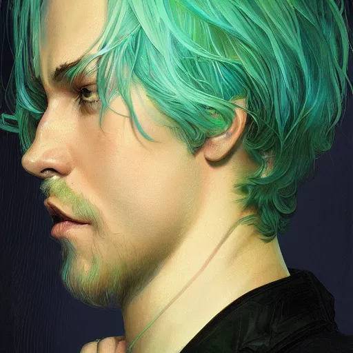 Prompt: Portrait of adult boy, blue hair flowing, green eyes, intricate, elegant, highly detailed, digital painting, artstation, concept art, smooth, sharp focus, illustration, art by artgerm and greg rutkowski and alphonse mucha