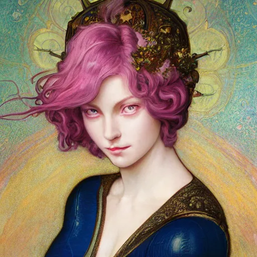 Image similar to Masterpiece head and shoulders portrait of Fiora from League of Legends of Arcane animated Series with pink and blue short hair and arcane armor drawn by Donato Giancola and Tom Bagshaw, Edmund Leighton, Alphonse Mucha, background by James Jean and Gustav Klimt, 4k, porcelain skin, volumetric lighting, komorebi, french nouveau, trending on artstation, octane render, hyperrealistic