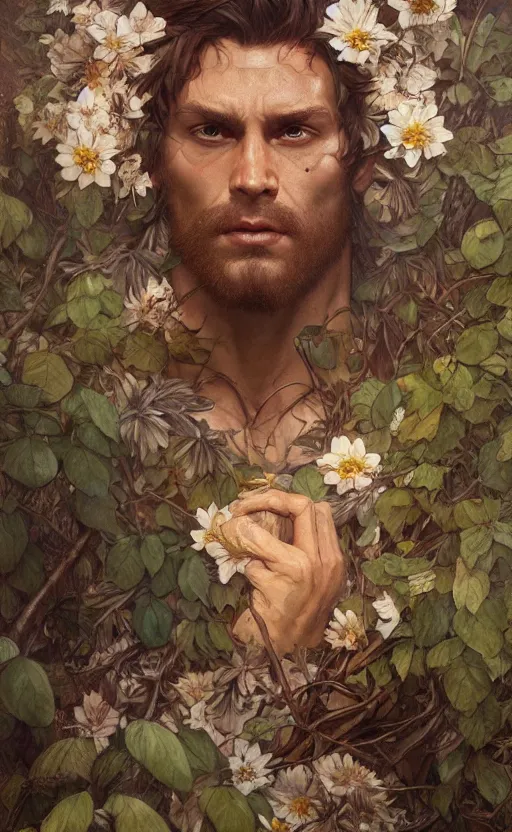 Image similar to god of the forest, 3 0 years old, rugged, male, gorgeous, detailed face, amazing, full body, flowers, muscular, intricate, highly detailed, digital painting, artstation, concept art, sharp focus, illustration, art by greg rutkowski and alphonse mucha