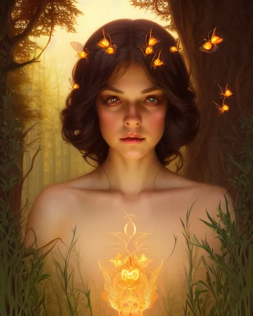 Image similar to symmetry portrait of brunette princess, glam, fae, fireflies, forest background, intricate, elegant, highly detailed, digital painting, artstation, concept art, smooth, sharp focus, illustration, art by artgerm and greg rutkowski and fra angelico and alphons mucha