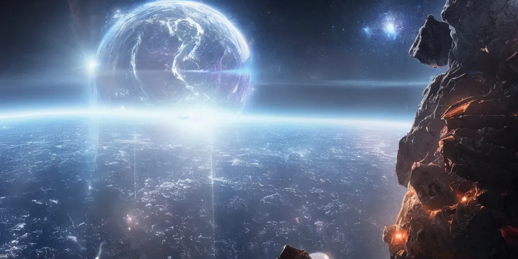 Image similar to view from 2 5 0 million miles in distance. a an epic depiction of the planet earth broken apart into 2 pieces, floating in space. dramatic lighting, highly coherent, highly detailed, epic, digital art, fifth element, dystopian, octane 3 d render.