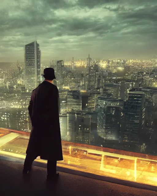 Image similar to a night rooftop scene, close up shot of a photorealistic gangster wearing a trench coat looking at the city below, unreal engine, hyper realism, realistic shading, cinematic composition, realistic render, octane render, detailed textures