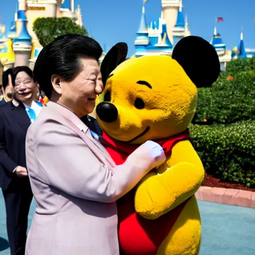 Image similar to Xi Jinping (President of the People's Republic of China) hugging Winnie the Pooh at Disney World in Florida, Getty Images, 4k, DLSR