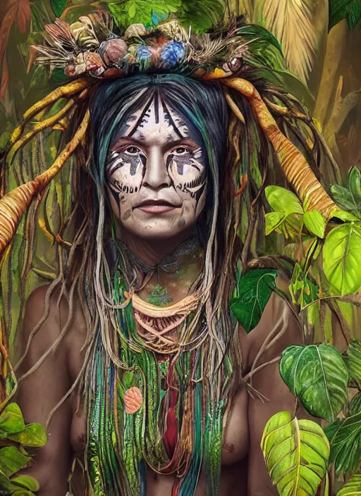 Image similar to a beautiful painted portrait of an old female shaman in the jungle surrounded by leaves and plants, tribal face paintings, shamanism, matte painting, fantasy art