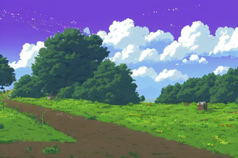 Prompt: landscape, summer, rain, morning, beautiful cloud, quiet, no people, Anime Background, illustration, sharp focus, intricate, super wide angle, trending on artstation, trending on deviantart, pixelart, pixelperfect, pixel art, pixel, color limit, nearest neighbor, hard edges, art of Kirokaze pixel, art of Regular FHC, art of Pixel Jeff Franek, art of Aaron Hain, art of kryssalian