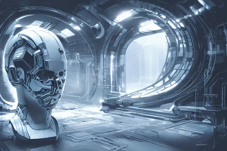 Image similar to futuristic environment with cybernetic head sculpture, concept art