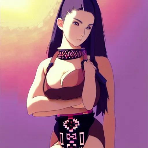 Image similar to a beautiful plus sized model japanese natalie portman, alluring plus sized model with brown skin, wearing mayan leotard with overalls, street fashion hip hop style with mayan patterns, aztec street fashion, gapmoe yandere grimdark, trending on pixiv fanbox, painted by greg rutkowski makoto shinkai takashi takeuchi studio ghibli, akihiko yoshida