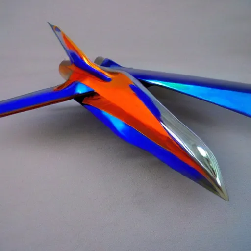 Image similar to Chrome fighter jet, blue and orange chrome, shiny, desert chrome, 19801980s airbrushed chrome