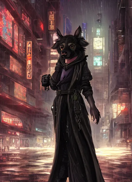 Image similar to character portrait of a female anthro hyena fursona with long black curly hair wearing jedi robes in a cyberpunk city at night while it rains. hidari, color page, tankoban, 4K, tone mapping, Akihiko Yoshida.