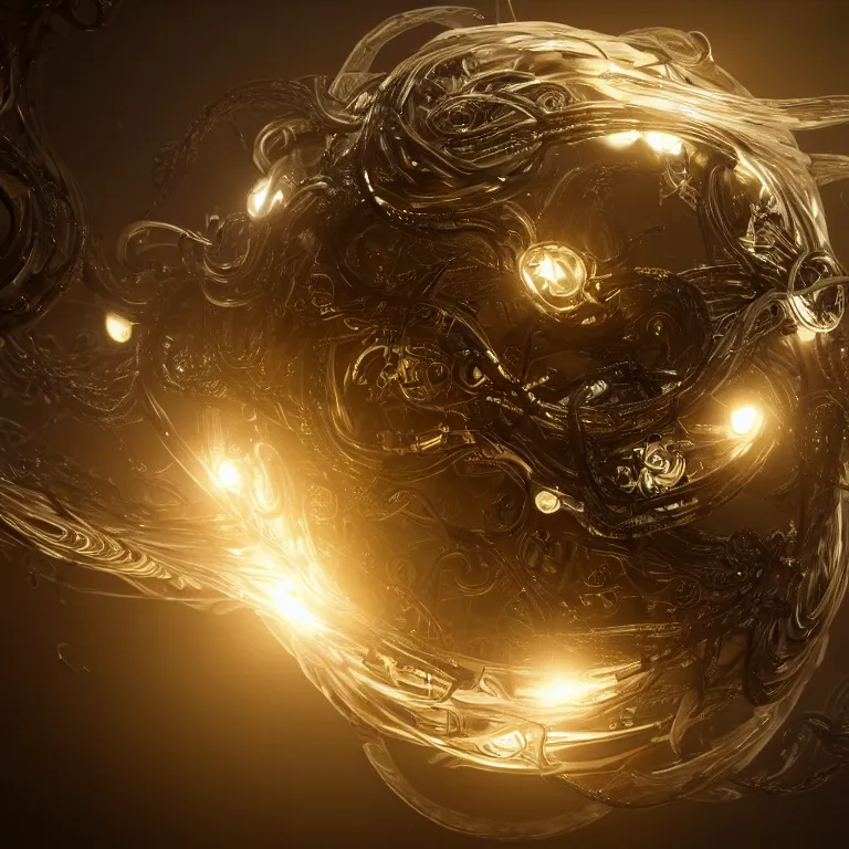 Prompt: swirling abstract cyborg parts and bio - mechanical tendrils and ornate flowing smoke streams and liquid light streaks surround a small metallic sphere, cinematic, unreal engine