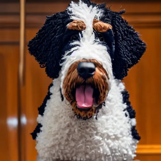 Image similar to a closeup photorealistic photograph of a cute smiling knitted bernedoodle judge dog dressed in a black gown, presiding over the courthouse. indoor image, professional capture, well lit shot. this 4 k hd image is trending on artstation, featured on behance, well - rendered, extra crisp, features intricate detail, epic composition and the style of unreal engine.