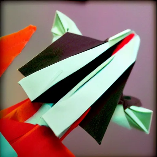 Image similar to x - wing in origami!!, ( colorful ) macro photo 5 d mk 2, bokeh