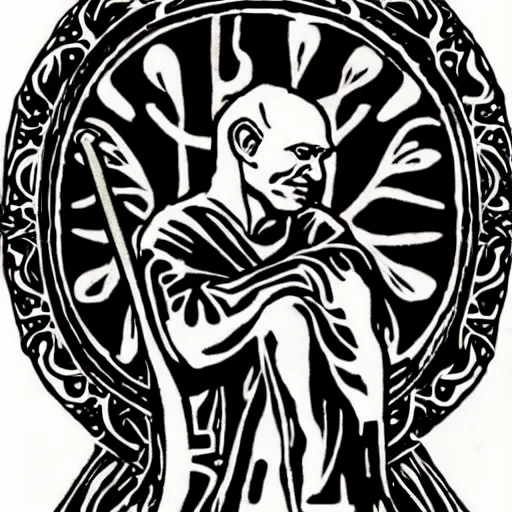 Image similar to tattoo design, stencil, a tarot card of a old man resting on a sword