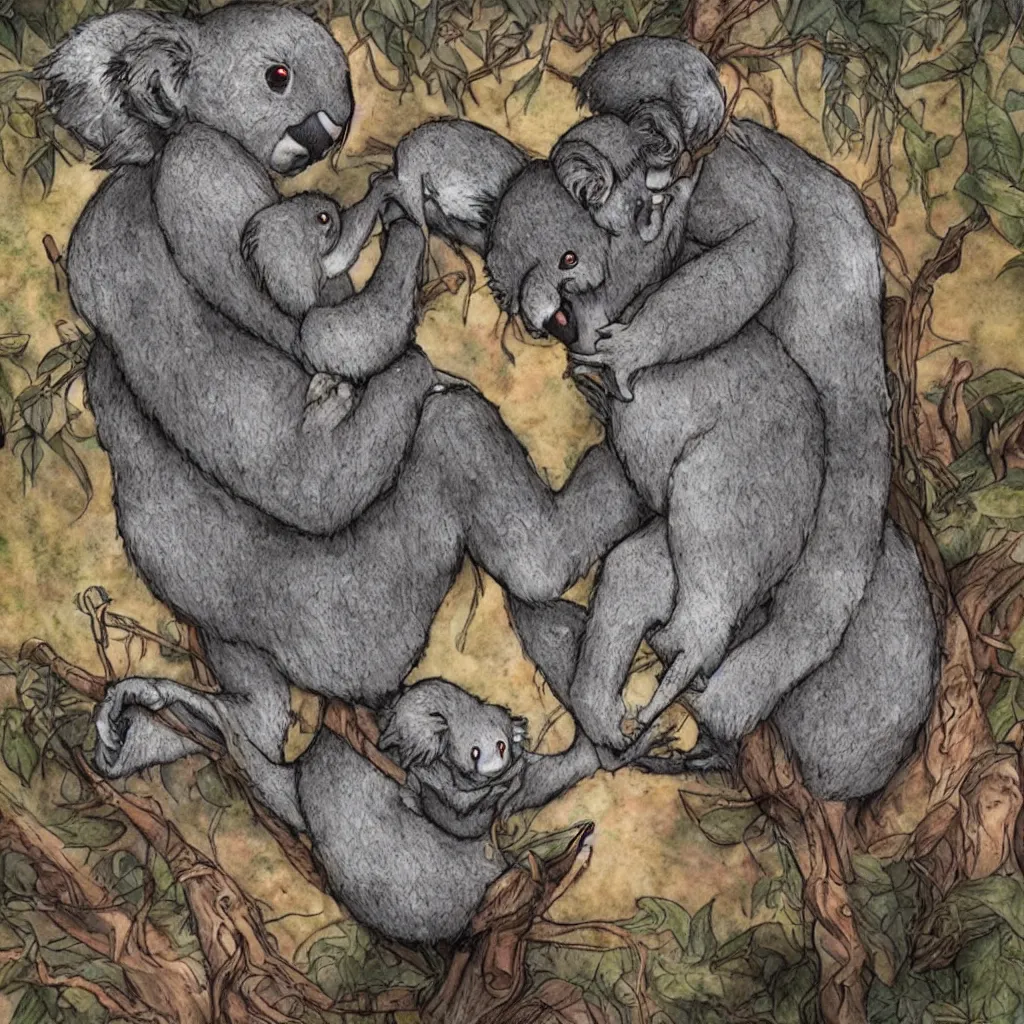 Image similar to some believers are holding a mysterious ceremony to summon a koala demon from hell, highly detailed, photorealistic