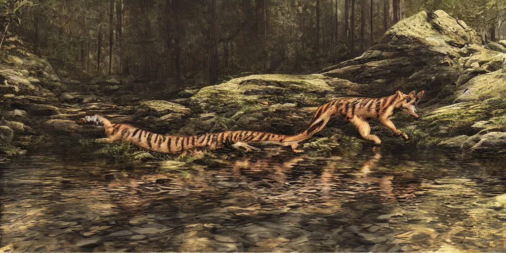 Prompt: Intricate detailed illustration, Tasmanian Tiger reflected in an alpine stream, cinematic lighting, by Philip Hood, wide angle, volumetric light scattering, 8k, artstation, concept art,