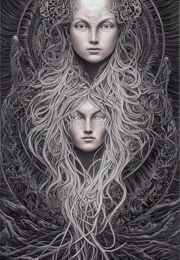 Image similar to perfectly centered portrait front view of a beautiful biomechanical moon goddess, flowing hair, intense stare, sweet smile, symmetrical, concept art, intricate detail, volumetric shadows and lighting, realistic oil painting by alex grey and gustave dore,