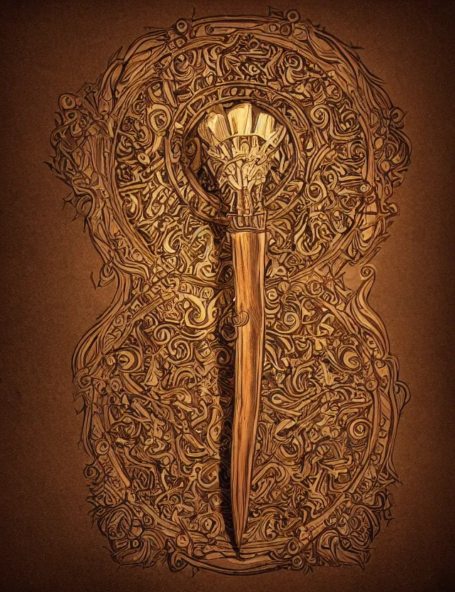 Prompt: an ornate wooden staff, fantasy illustration, medieval era, blank background, studio lighting, hand - drawn digital art, medium shot