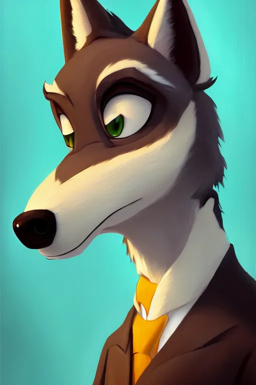 Image similar to oil painting of anthromorphic female wolf, in style of cory loftis, female fursona, furry, furaffinity, 4 k, deviantart, furry art, fursona art, wearing black business suit, business suit, in style of zootopia, wolf fursona, cyberpunk, female, female wolf face, very expressive detailed feminine face,