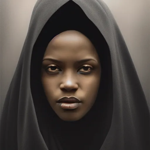 Image similar to a portrait of a young black woman wearing a long dark cloak, hood and shadows covering face, anatomically correct, beautiful perfect face, enigmatic, oil painting, matte painting, black background, Volumetric dynamic lighting, Highly Detailed, Cinematic Lighting, Unreal Engine, 8k, HD, by Beksinski