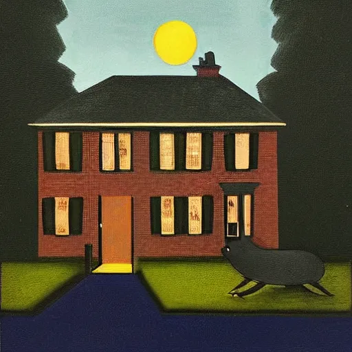 Image similar to “Batman standing on the lawn in front of a house facing the house, garden, trees, clouds, sharp shadows, night, highly detailed, LKART Leonard Koscianski Contemporary Art.”