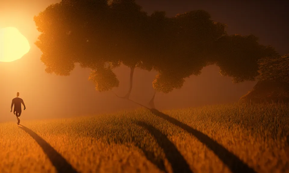 Image similar to A lonely man running towards the sunset in the dusk,featured in artstation, octane render, cinematic, elegant, intricate, 8k