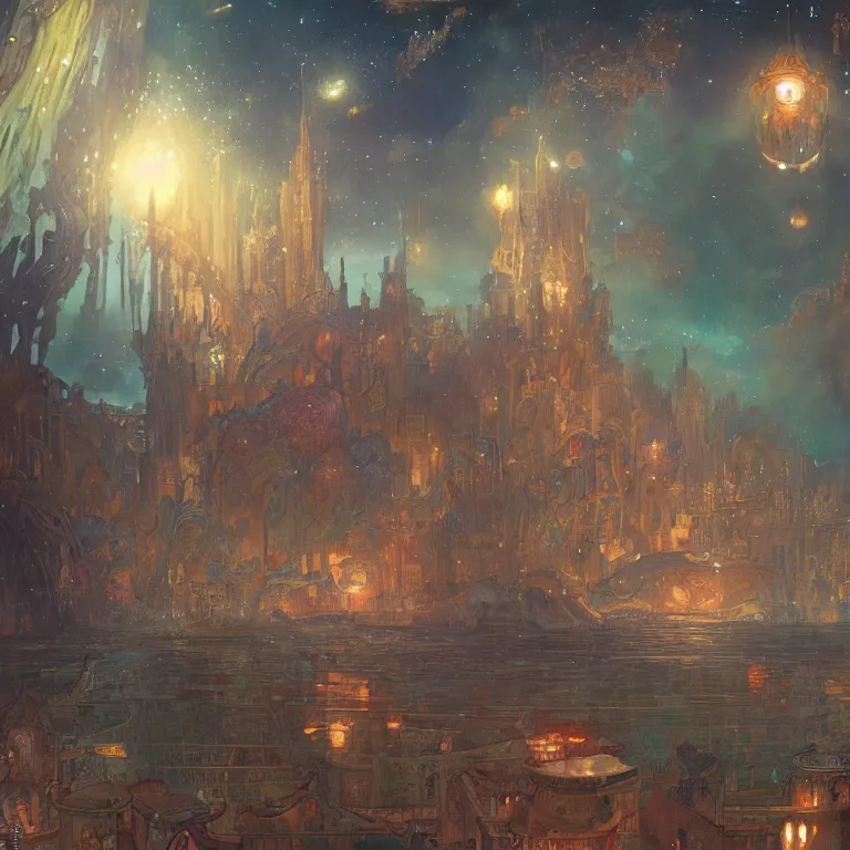 Prompt: a beautiful painting of the city of atlantis, underwater with glowing lights, corals and jellyfish, with the night sky with stars above, intricate, elegant, highly detailed, digital painting, artstation, concept art, by krenz cushart and artem demura and alphonse mucha