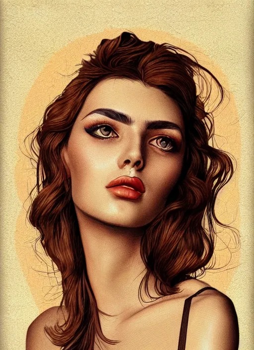 Prompt: a detailed portrait illustration of a modern female by stavros damos, aesthetically pleasing and harmonious natural and vintage colors. highly detailed.