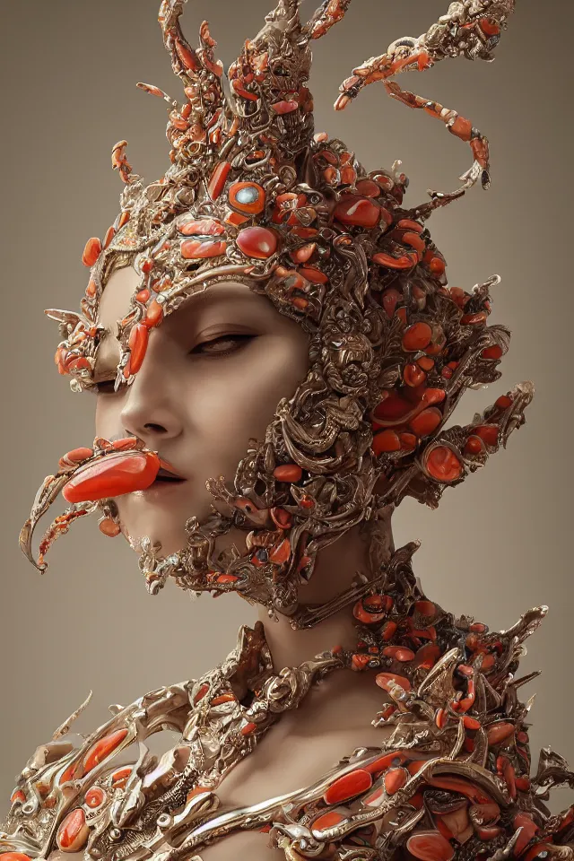 Image similar to a sculpture made of opal and coral, portrait, queen, future, harper's bazaar, vogue, magazine, insanely detailed and intricate, concept art, ornate, luxury, elite, elegant, trending on artstation, by Ruan Jia, Kenneth Willardt, Ross Tran, WLOP, Andrei Riabovitchev.